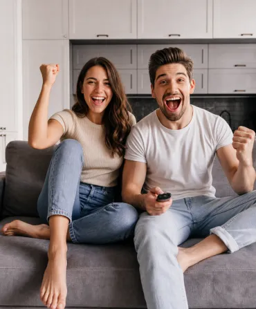 Casal a ver IPTV Portugal na televisao